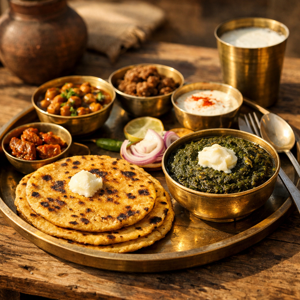 Traditional Punjabi food thali with sarson da saag and makki di roti